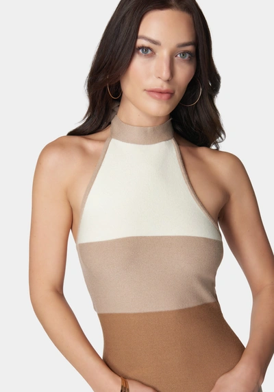 Bebe High Neck Colorblock Rib Midi Dress In Brown,multi