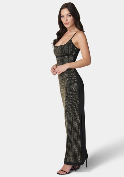 Bebe 3d Square Neck Gown In Black,gold