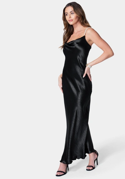 Bebe Hammered Satin Cowl Neck Pearl Strap Maxi Dress In Black