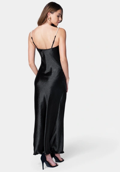 Bebe Hammered Satin Cowl Neck Pearl Strap Maxi Dress In Black