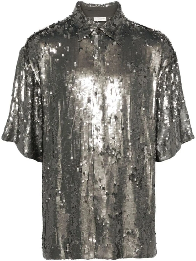 Shop Dries Van Noten Loose Short-sleeved Shirt In Viscose With All-over Decorations. In Grey
