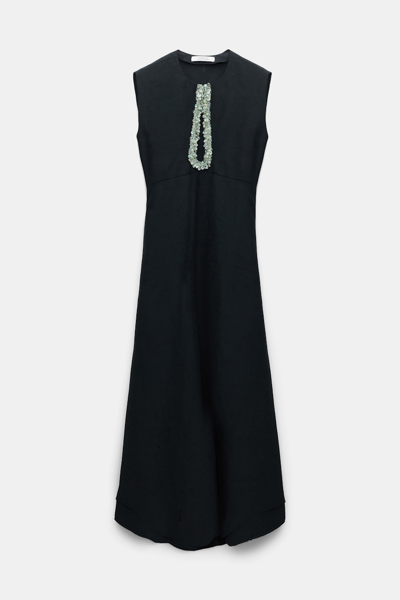 Shop Dorothee Schumacher Linen Blend Dress With Embroidered Cutout In Black