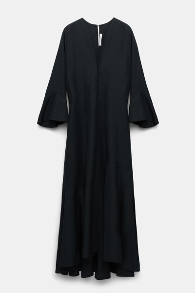 Shop Dorothee Schumacher Linen Blend Maxi Dress With A V-neckline In Black