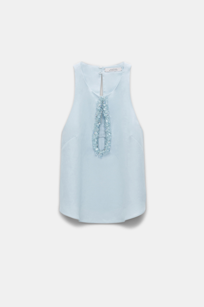 Shop Dorothee Schumacher Linen Blend Shell With Embroidered Cutout In Blue