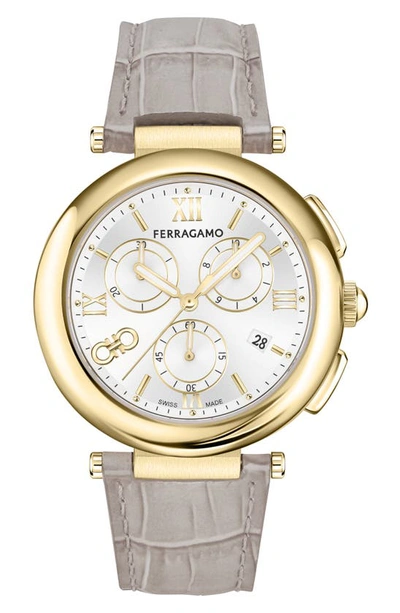 Shop Ferragamo Croc-embossed Leather Strap Chronograph Watch, 40mm In Ivory/ Gold