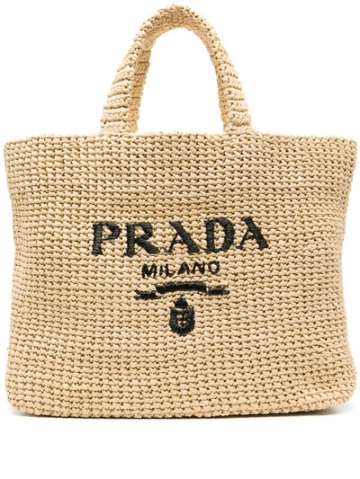 Shop Prada Logo-embroidered Crochet Tote Bag In Natural