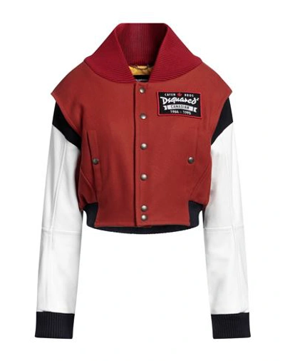 Shop Dsquared2 Woman Jacket Rust Size 4 Virgin Wool, Polyamide, Elastane, Acrylic, Cow Leather In Red