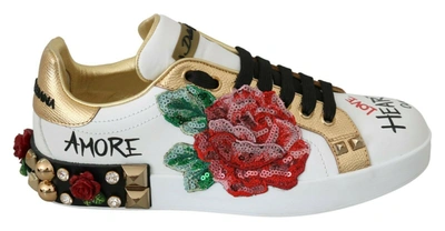 Shop Dolce & Gabbana White Roses Sequined Crystal Womens Sneakers Shoes