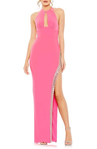 Shop Mac Duggal Rhinestone Slit Halter Neck Jersey Sheath Gown In Candy Pink