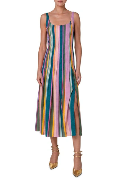 Shop Akris Punto Multistripe Scoop Neck Midi Dress In Mauve-multicolor