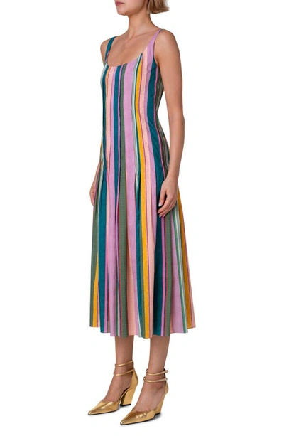 Shop Akris Punto Multistripe Scoop Neck Midi Dress In Mauve-multicolor