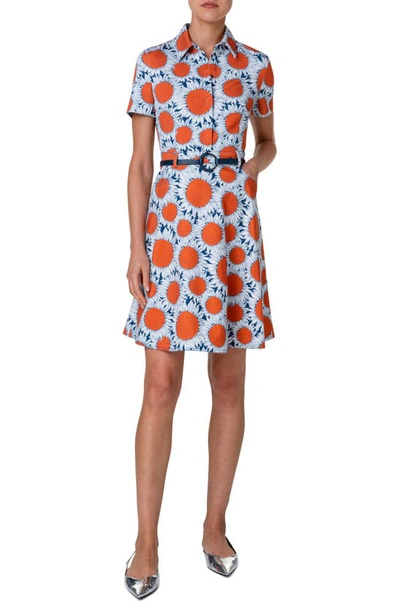 Shop Akris Punto Hello Sunshine Floral Belted Denim Shirtdress In Ink-orange