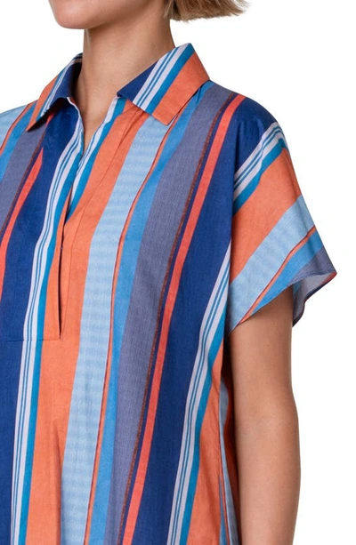 Shop Akris Punto Multistripe Polo Placket Cotton Midi Dress In Denim-multicolor
