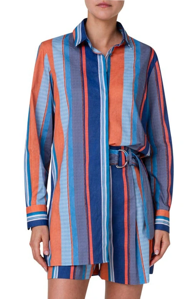 Shop Akris Punto Stripe Long Sleeve Cotton Button-up Shirt In Denim-multicolor