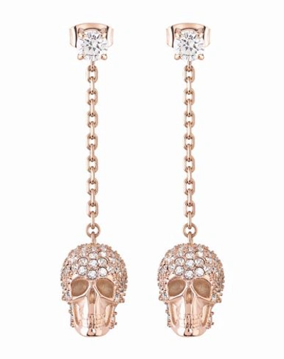 Shop Philipp Plein Sliding $kull Crystal Dangle Earrings Woman Earrings Rose Gold Size - Stainless Steel