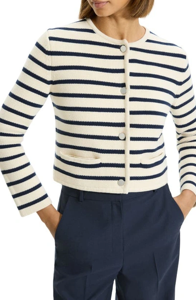 Shop Theory Waverly Stripe Cotton Cardigan In Cream/ Bright Navy