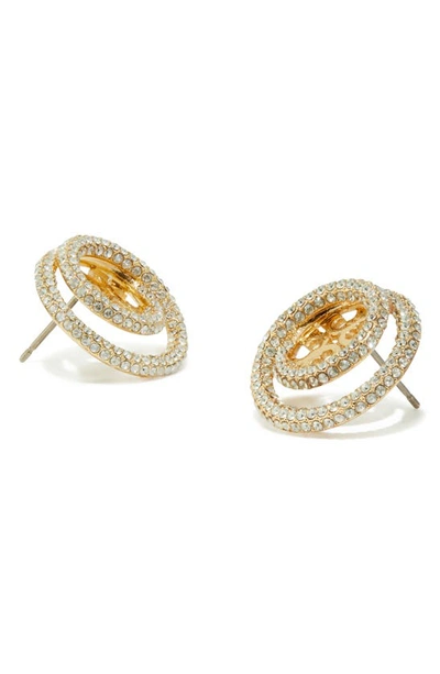 Shop Tory Burch Miller Pavé Crystal Circle Logo Stud Earrings In Tory Gold / Crystal