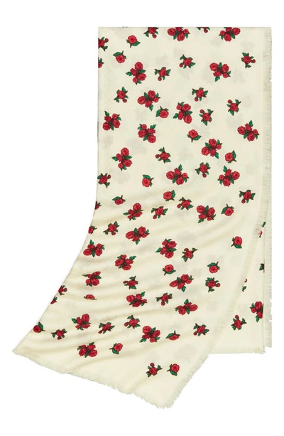 Shop Tory Burch Tossed Rose Print Silk & Wool Traveler Scarf In Red/ Ivory