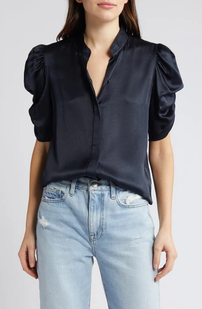 Shop Frame Puff Sleeve Silk Button-up Shirt In Navy