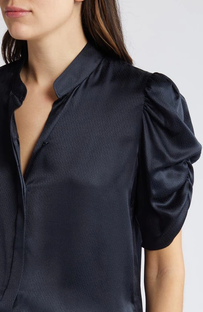 Shop Frame Puff Sleeve Silk Button-up Shirt In Navy