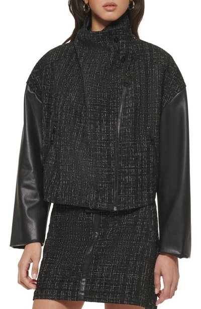 Shop Dkny Bouclé Tweed & Faux Leather Jacket In Black