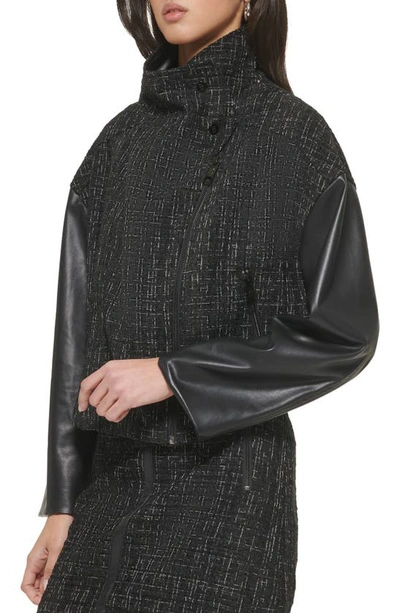 Shop Dkny Bouclé Tweed & Faux Leather Jacket In Black