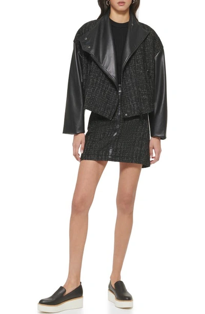 Shop Dkny Bouclé Tweed & Faux Leather Jacket In Black