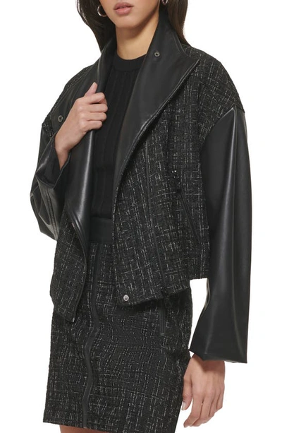 Shop Dkny Bouclé Tweed & Faux Leather Jacket In Black