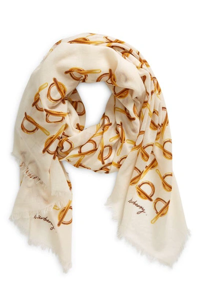 Shop Burberry B Closure Pattern Wool Scarf In Gold/ Ivory