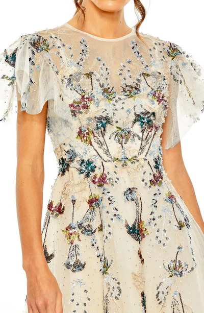 Shop Mac Duggal Embellished Flutter Sleeve Midi Cocktail Dress In Ivory