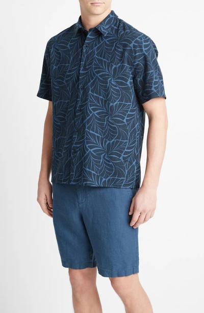 Shop Vince Knotted Leaves Linen Blend Short Sleeve Button-up Shirt In Coastal/ Dark Washed