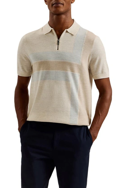 Shop Ted Baker Ambler Colorblock Short Sleeve Wool Polo Sweater In Taupe