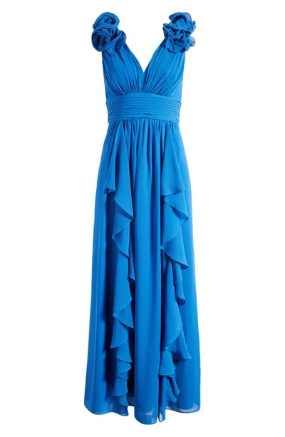 Shop Eliza J Pleat Ruffle Sleeveless Gown In Cobalt