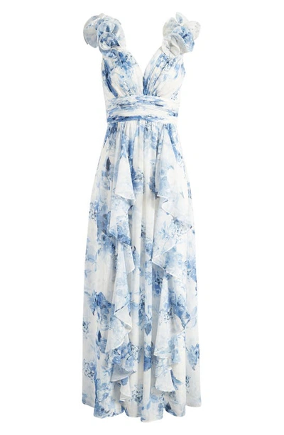 Shop Eliza J Floral Ruffle Strap Gown In Blue White