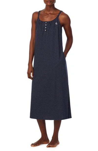 Shop Lauren Ralph Lauren Sleeveless Cotton Nightgown In Navy Dot