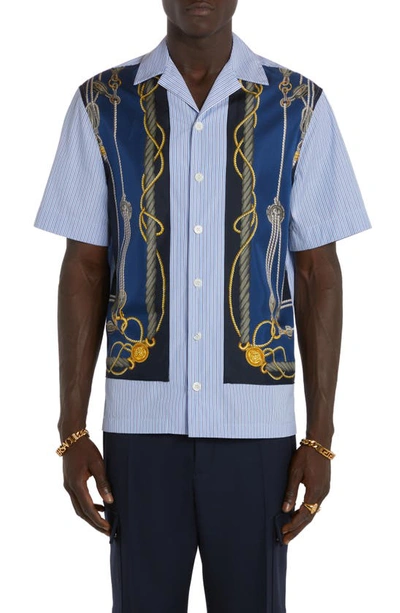 Shop Versace Nautical Stripe Cotton Poplin & Silk Button-up Shirt In Blue Gold