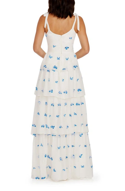 Shop Dress The Population Monica Butterfly Appliqué Tiered Silk Gown In White-blue