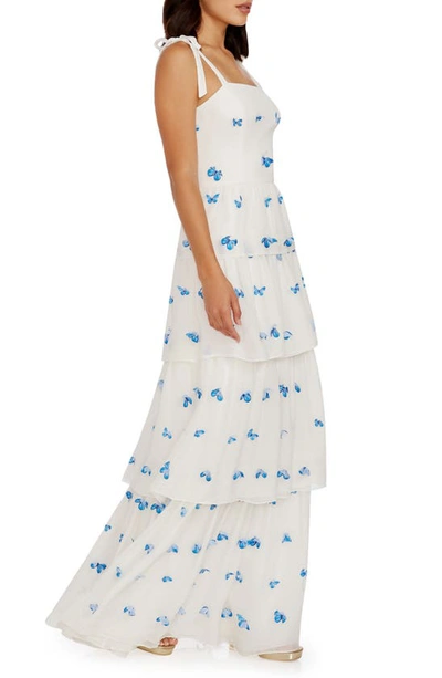 Shop Dress The Population Monica Butterfly Appliqué Tiered Silk Gown In White-blue