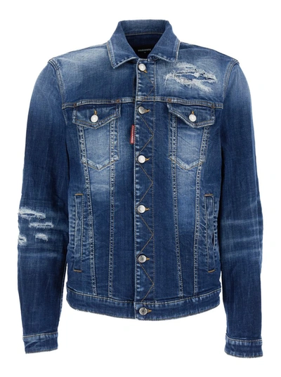 Dsquared2 'dan' Blue Jacket With Classic Collar And All-over Painted Details In Blu