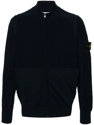 Shop Stone Island Cardigan Knit In Soft Organic Cotton With Micro Stitching In Blue