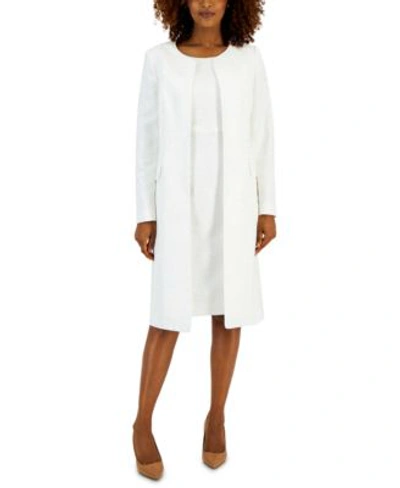 Shop Kasper Womens Jacquard Collarless Open Front Jacket Jacquard Texture Seamed Sheath Dress In Lily White