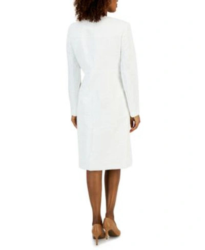 Shop Kasper Womens Jacquard Collarless Open Front Jacket Jacquard Texture Seamed Sheath Dress In Lily White