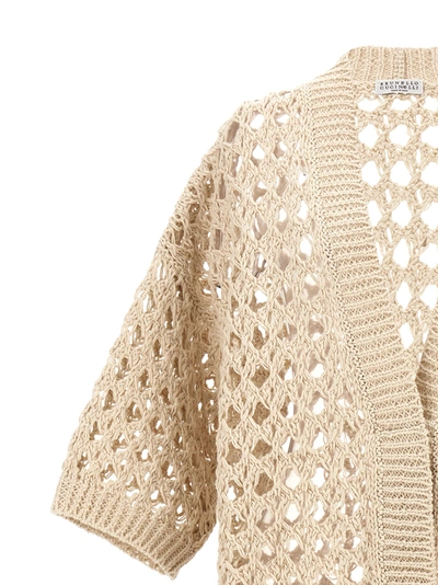 Shop Brunello Cucinelli Openwork Knit Cardigan Sweater, Cardigans Beige