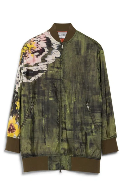 Shop Valentino Floral Silk Bomber Jacket In Brushed Army