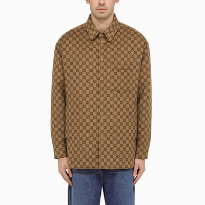 Shop Gucci Camel Wool Shirt With Gg Pattern Men In Brown