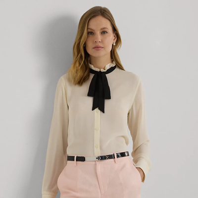 Shop Lauren Ralph Lauren Classic Fit Georgette Tie-neck Shirt In Mascarpone Cream/black