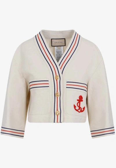 Shop Gucci Anchor-embroidered Linen-blend Cropped Jacket In Off-white