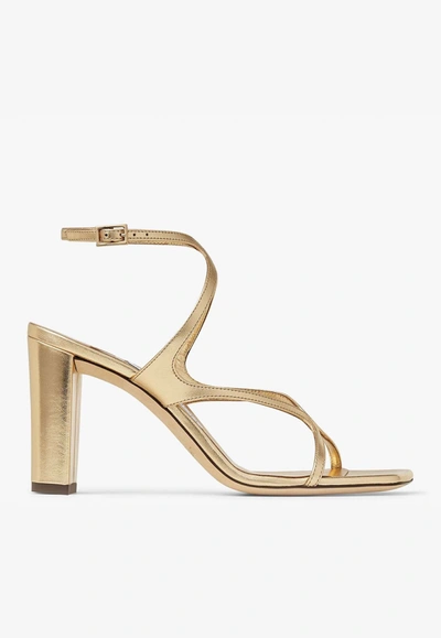 Shop Jimmy Choo Azie 85 Sandals In Metallic Nappa Leather In Gold