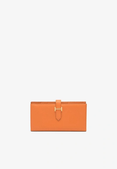 Shop Hermes Bearn Wallet In Orange Chevre Mysore Leather With Gold Hardware