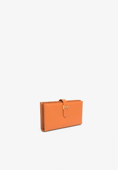 Shop Hermes Bearn Wallet In Orange Chevre Mysore Leather With Gold Hardware